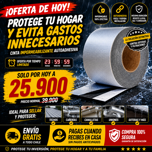 💧 Cinta Impermeabilizante Autoadhesiva 5 cm x 10 metros 2x1