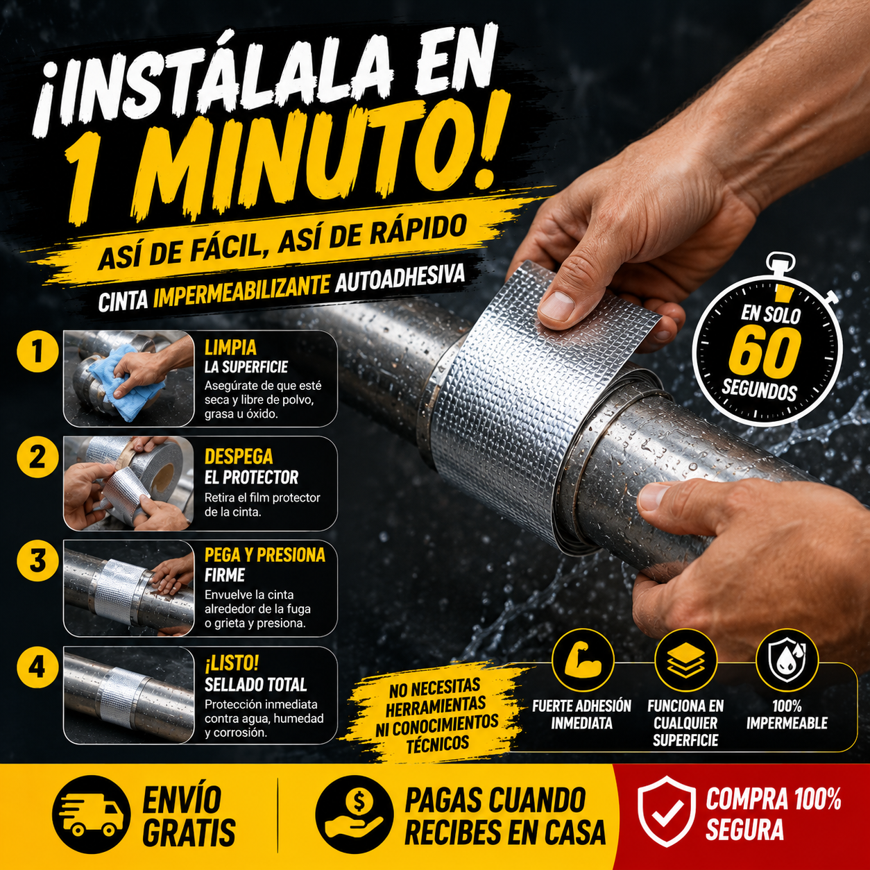 💧 Cinta Impermeabilizante Autoadhesiva 5 cm x 10 metros 2x1